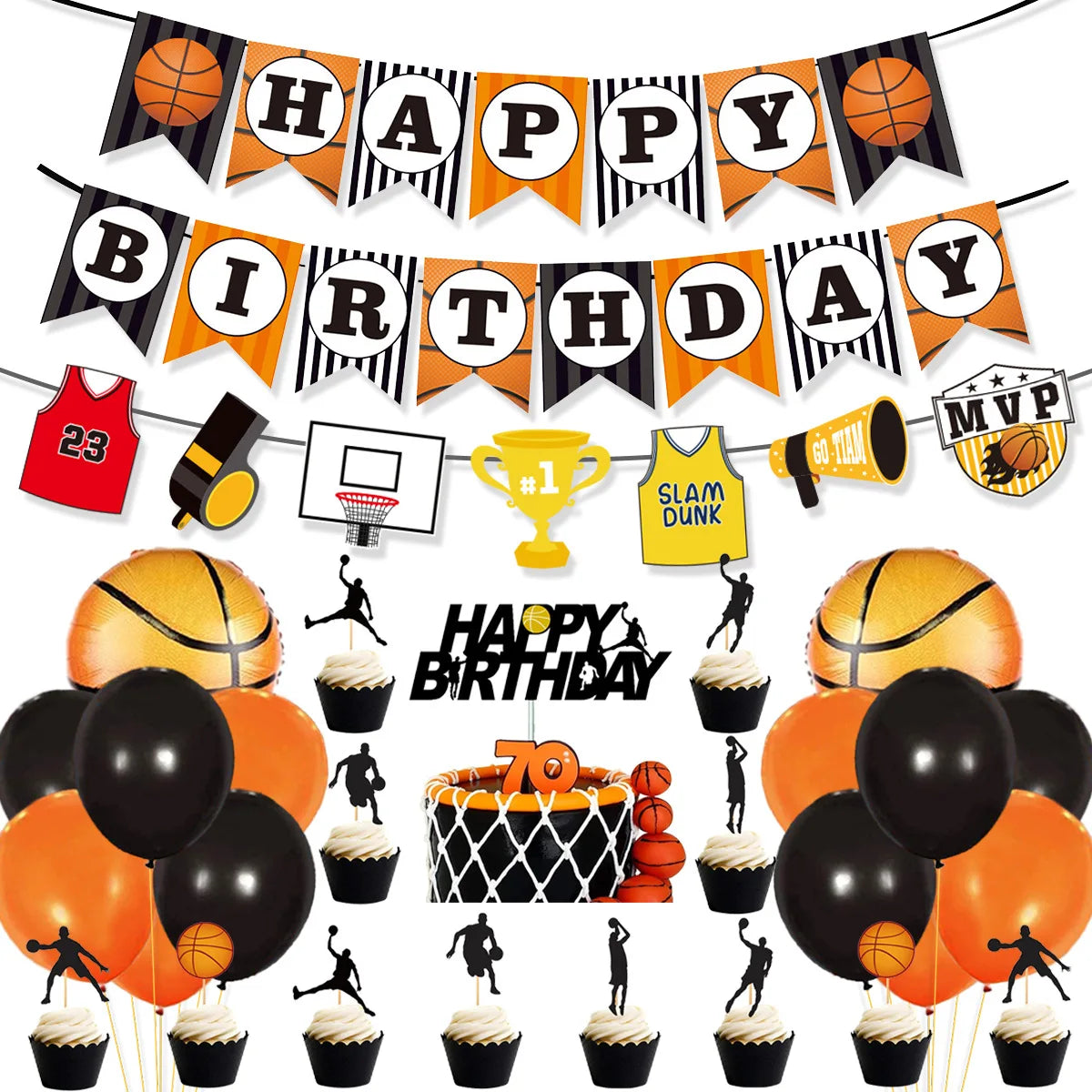 NBA Basketball Themed Party Decoration Set Boys Birthday Flag Raising Cake Card Inserting Balloon Kids Room Decor Party Supplies