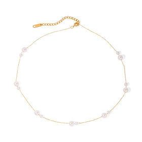 Minimalist 18K Gold Plated Charm Pearl Necklace Stainless Steel Exquisite Interval Pearls Necklace