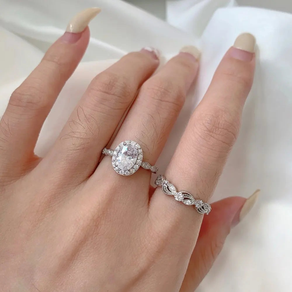 2022 Factory Popular Accessories Sterling Silver Ring Jewelry Temperament Microset Oval Zircon Ring Set for Women Girls
