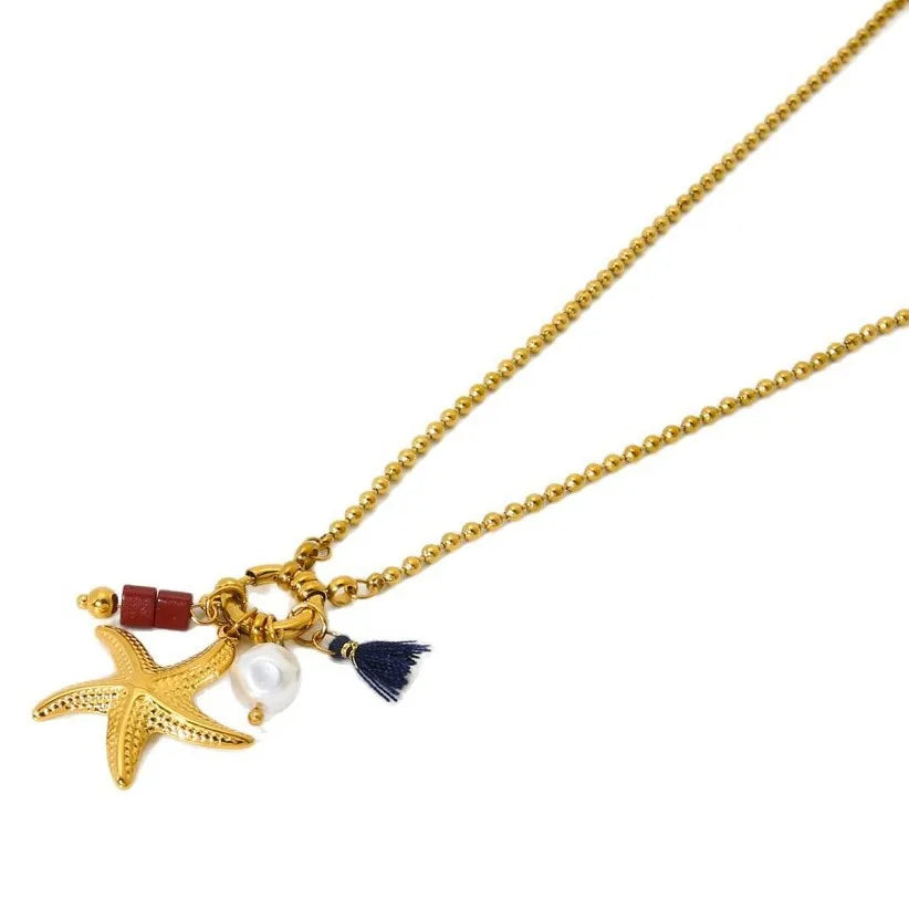 N&S 18K Gold Plated Stainless Steel Ocean Series Pendant Necklace for Women Summer Jewelry Starfish Seashell Link Gift
