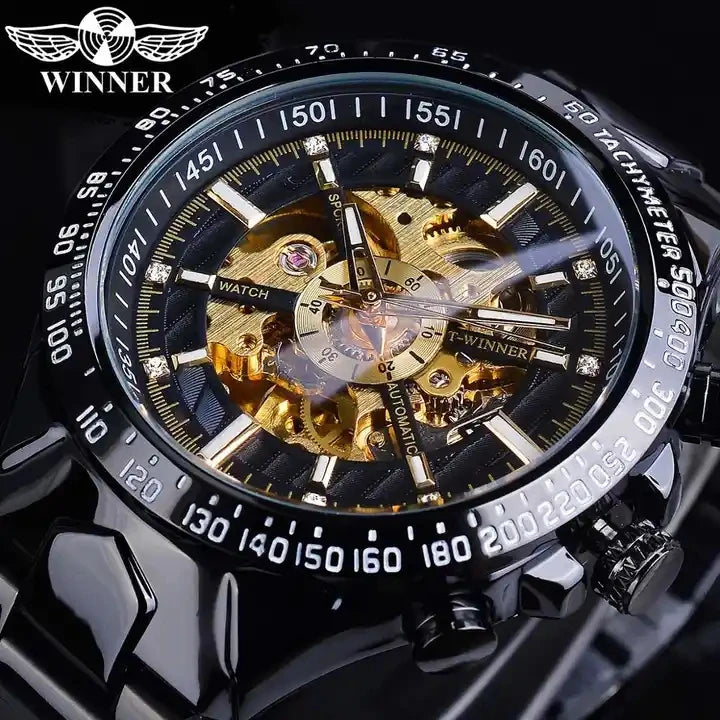 Winner 2023 Diamond Skeleton Dial Golden Automatic Watch Stainless Steel Waterproof Luminous Men Business Mechanical Wristwatch