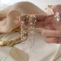 Rose Tassel Long Drop Earring 3D Rose Flower Drop Earrings CZ Crystal Rhinestone Rose Fashion Statement Dangle Earrings