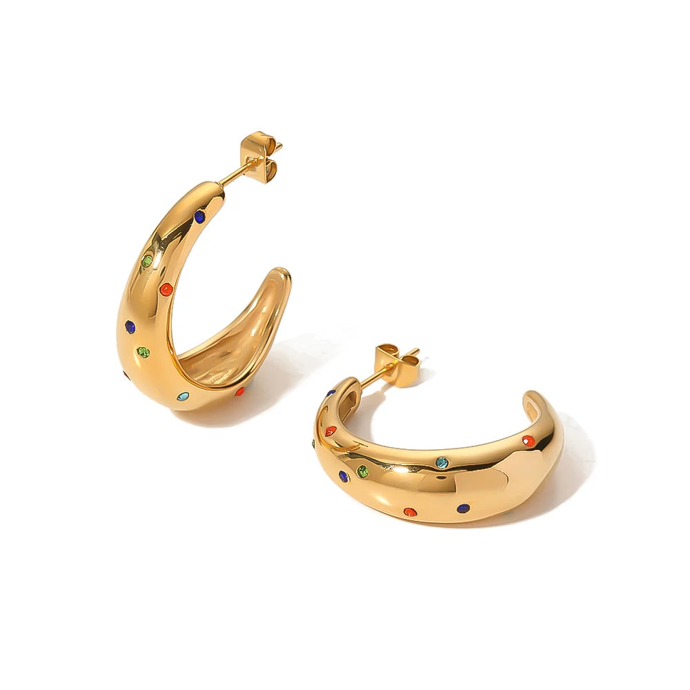 18K Gold Stainless Steel High Polished Micro Inlaid Colorful Cubic Zirconia Semi Circle Earrings CZ Crystal C Shape Earring