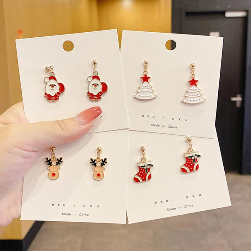 Christmas Jewelry Gift 14K Gold Plated Enamel Christmas Tree Bell Snowman Santa Claus Design Girl's Drop Dangling Earrings