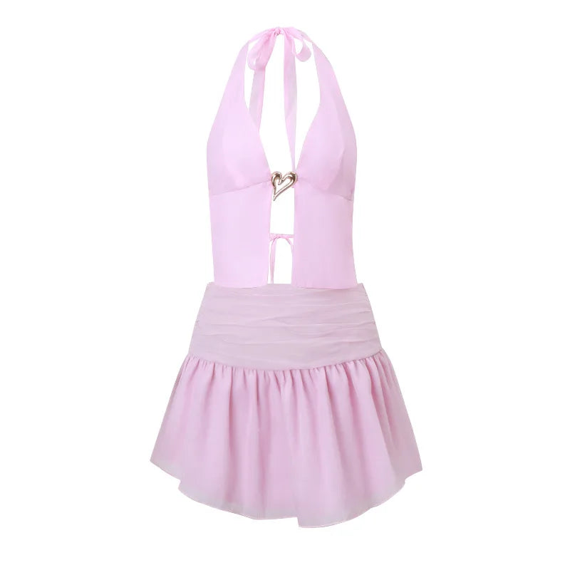 Ins European and American Style 2024 Summer New Metal Halterneck Vest Women's Sweet and Spicy Slimming Skirt Two-piece Set
