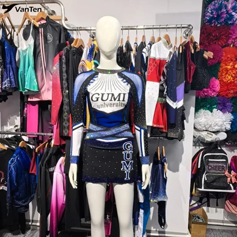 University Blue Customize Cheer Uniform in Full Rhinestones for Youth&Adult Sizes Girls Cheerleading Competition Events