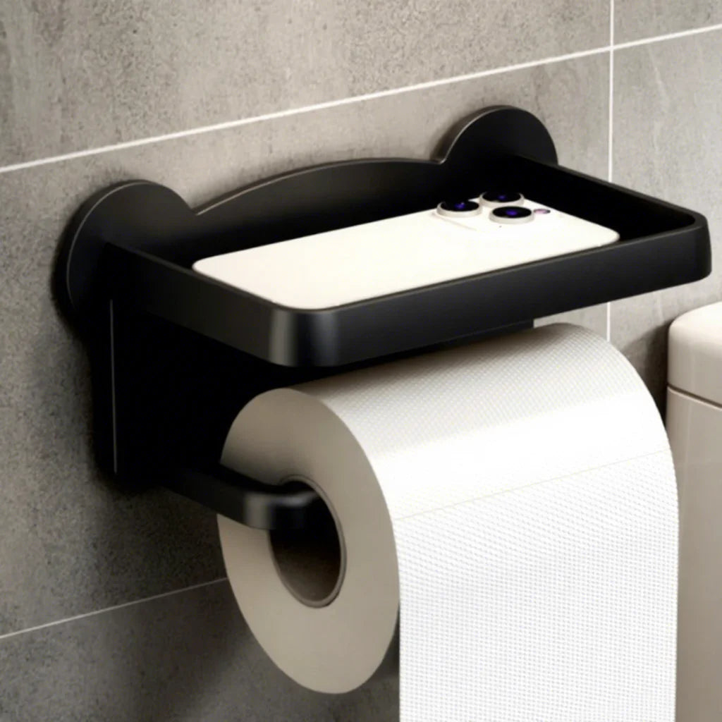 Black PP Wall Mounted Toilet Paper Holder with Storage Shelf Bathroom Tissue Holder with Phone Shelf for Kitchen Toilet