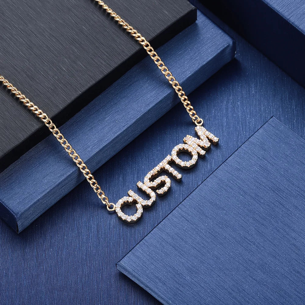 Custom 18K Gold Stainless Steel Name Necklace Personalized Link Chain with Romantic Style and Diamond Plating