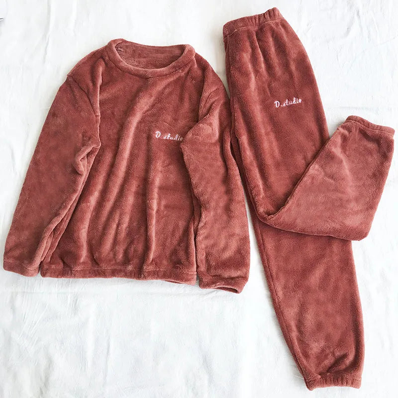 Warm Fleece Winter Flannel Tops and Pants Pajama Sets for Women