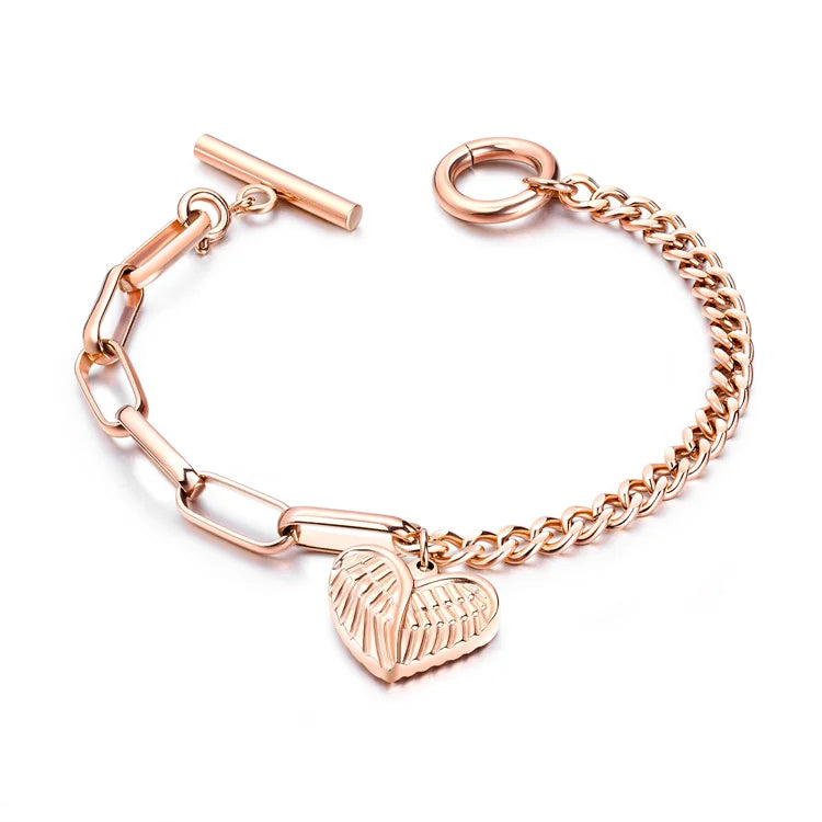 Hot Selling OT Clasp 2 Wings Heart Chain Stainless Steel Rose Gold Plated Chain Bracelets Women Fashion Accessories