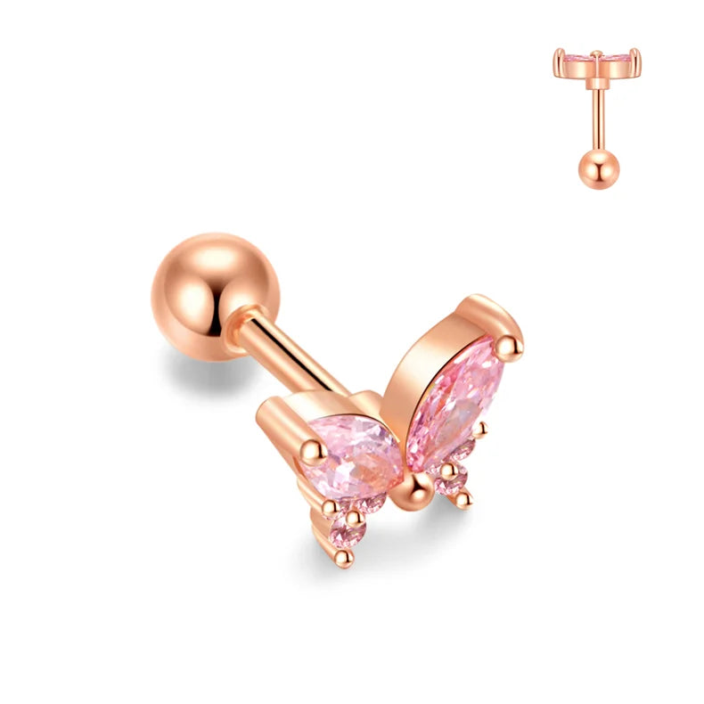 Luxury 316L Stainless Steel Gold Plated Women's Stud Earrings Pink Blue Clear Butterfly Zircon Rhodium Engagement Wedding Party