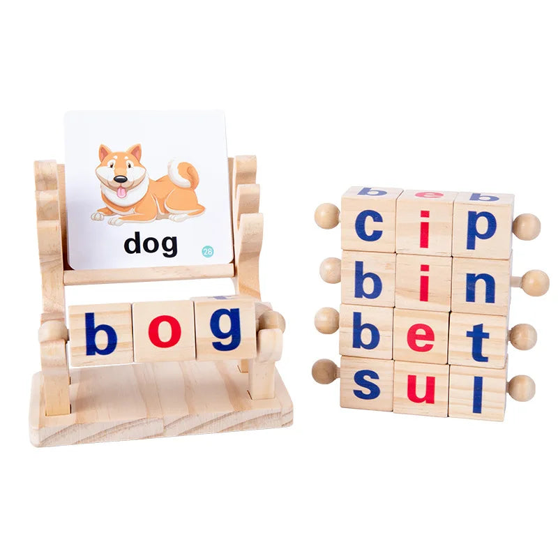 Montessori Toys for Toddlers 5 Wooden Reading Blocks and 60 Flash Cards CVC Phonics Sight Word Learning Games