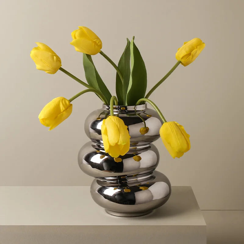 Creative Shaped Silver-plated Vase Home Stay Model Room Decorative Flower Vase White Ceramic Vase