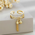 Vintage Elegant Female Inlay CZ Tassel Chain Ball Charm Knuckle Finger Ring Jewelry