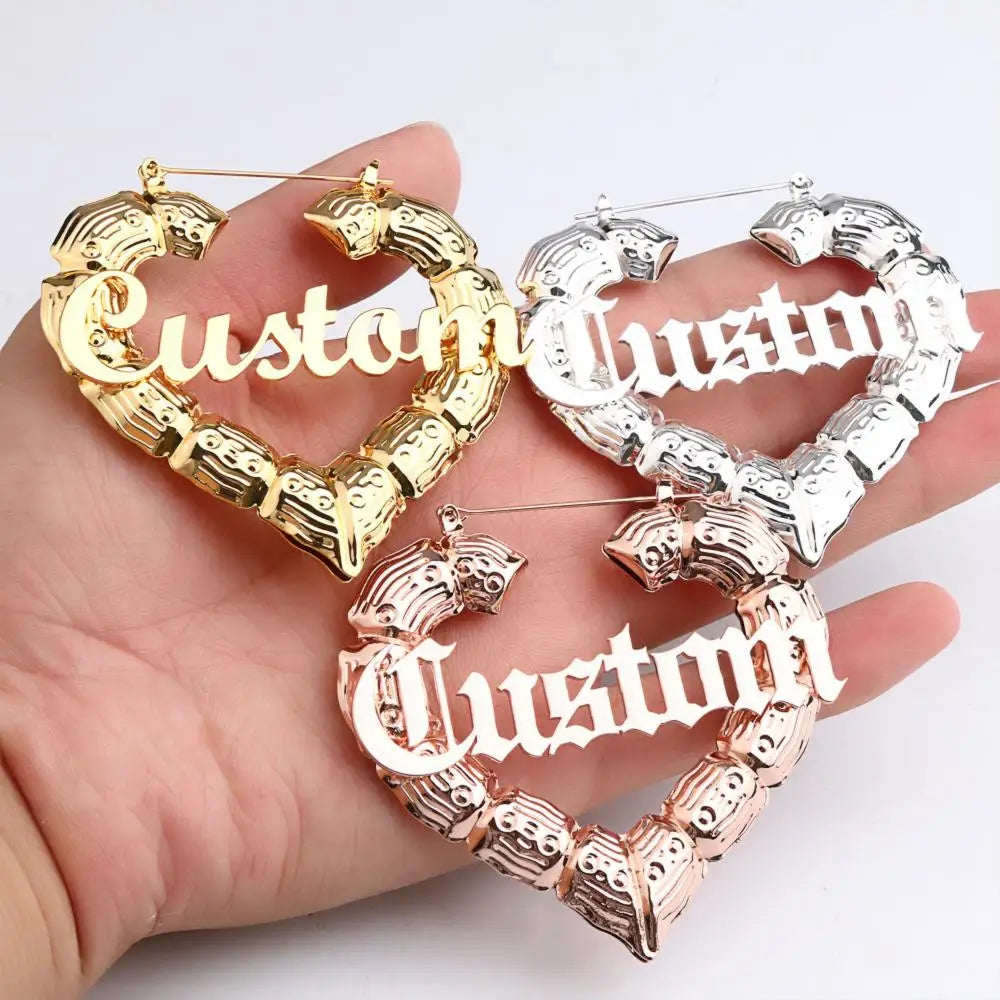 Personalized Hoops NamePlate Earring Stainless Steel Gold Plated  Gold Large Heart Name Bamboo Earrings