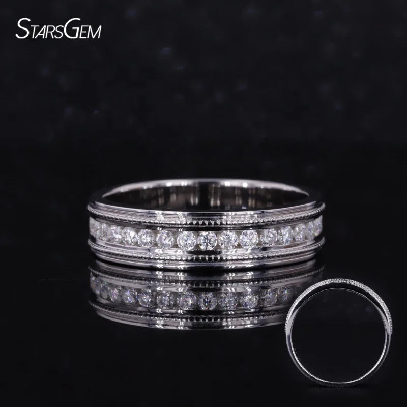 Starsgem Fine Rings Silver S925 1.7mm DEF VS VVS Round Lab Grown Diamond Milgrain Band Eternity Ring for Men