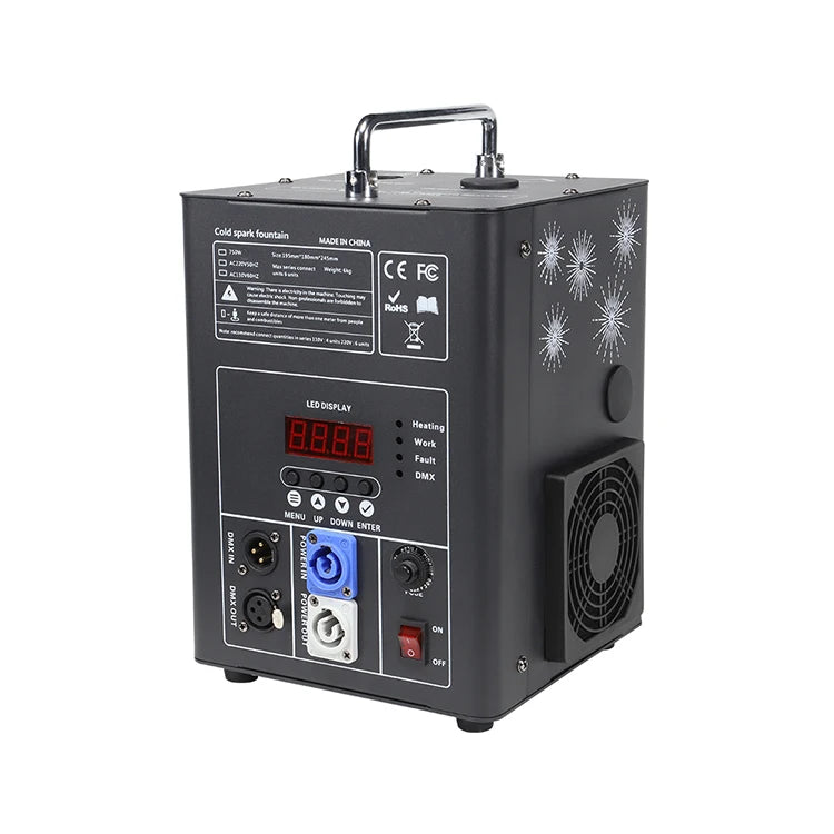 New Arrival 750W Handled Dmx512 Remote Control Cold Spark Fountain Machine for Wedding Party