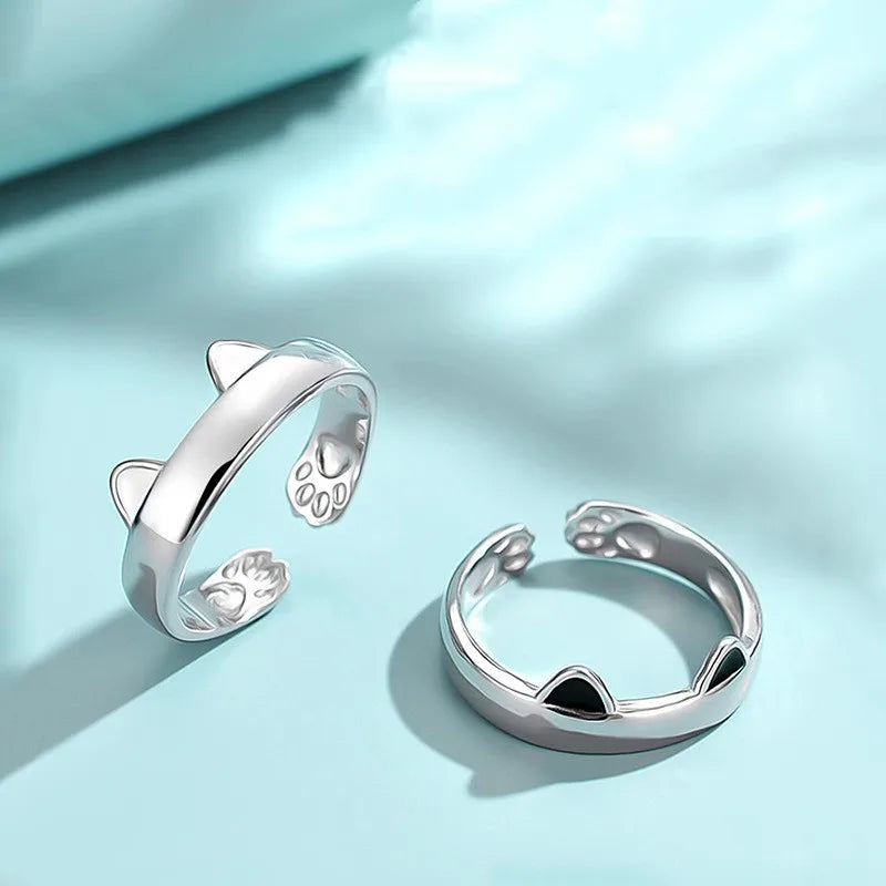 S925 Sterling Silver Cat Ear Rings Enamel Cute Cat Paw Footprint Smart Ring Female Personality Women Rings Jewelry