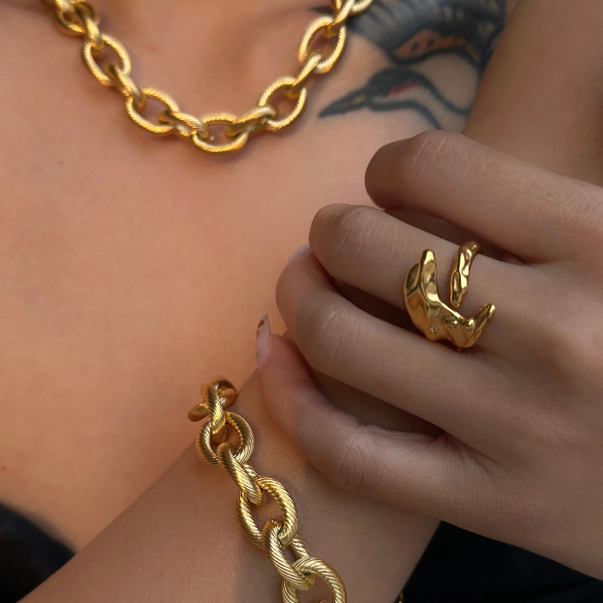 Vintage Style 18k Gold Filled Stainless Steel O Chain Coarse Threaded Braid Winding Necklace Bracelet