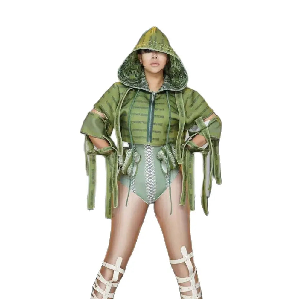 Fashion Hip Hop DJ Bodysuits Hooded Jacket Stage Costume Outfit Sets Women Sexy Club Singer Dancer Performance Wear