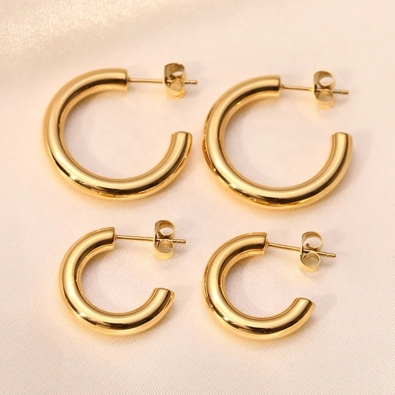 Stainless Steel Metallic HOOP Thick Glossy Big Small C Shaped Earrings C-Shaped Solid 18K Gold Plated Hoop Earring for Women