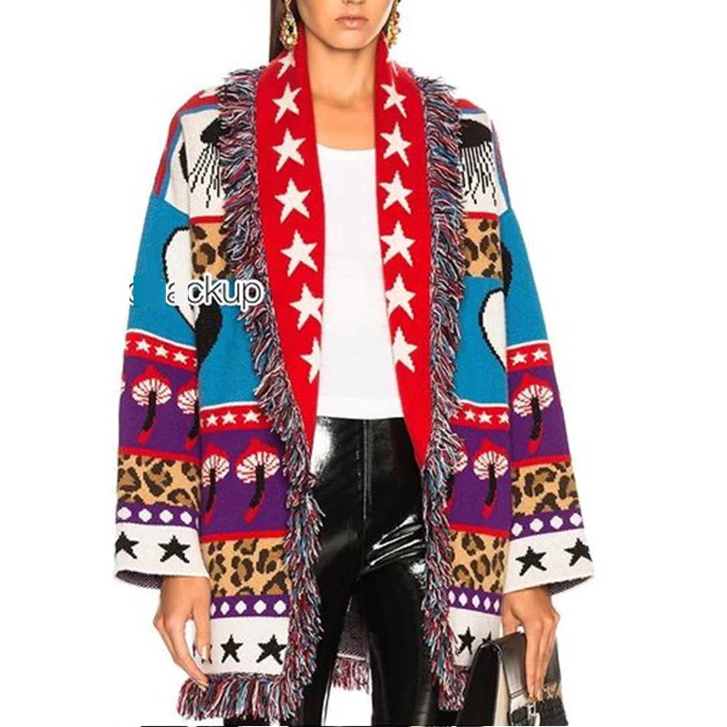 New Fashion Women Luxury Cardigan Casual Turn Down Tassel Collar Long Sleeves Bohemian Jacquard Knitwear Coat