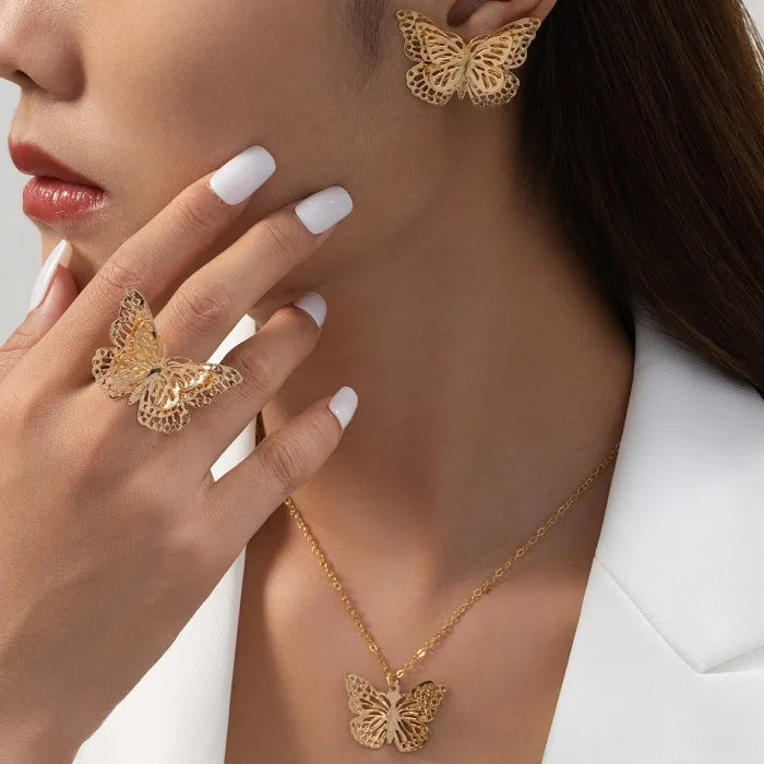 Exaggerated Punk butterfly pendant Necklace ring Earring for Women Jewelry Set Party Gift