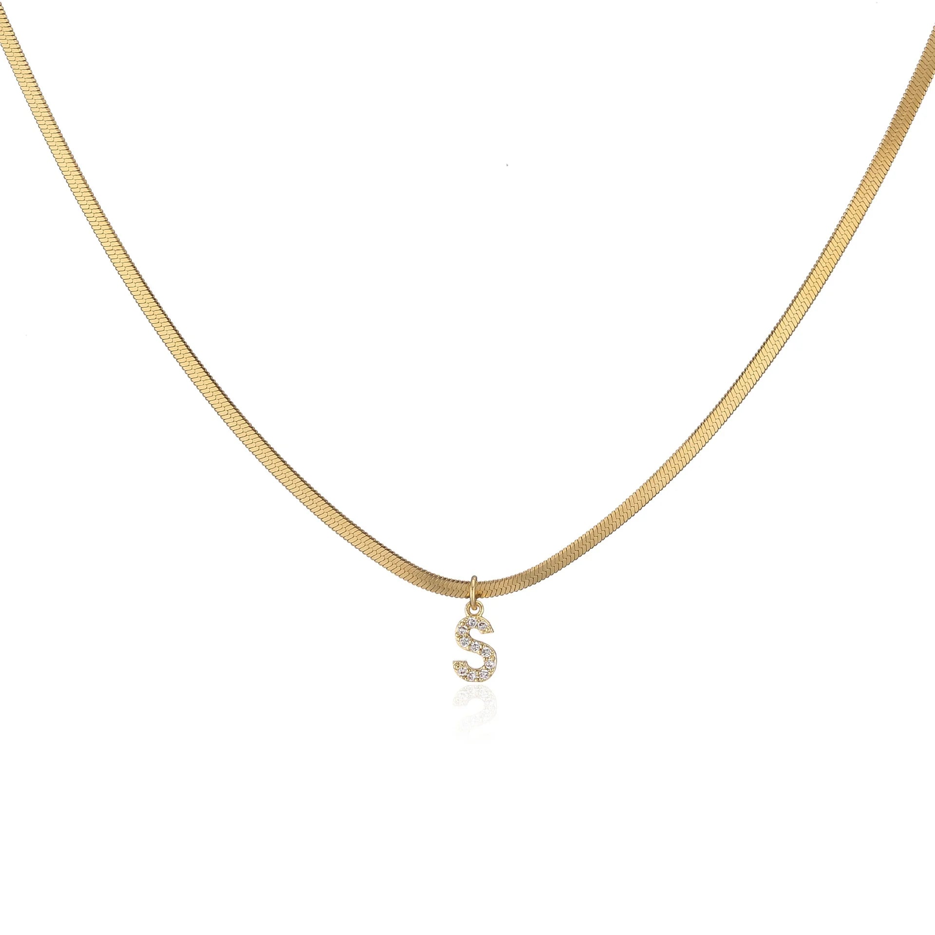 MICCI Minimalist Jewelry 18K Gold Plated Stainless Steel Icy Letter Alphabet Diamond Initial Charms Pendant Snake Chain Necklace