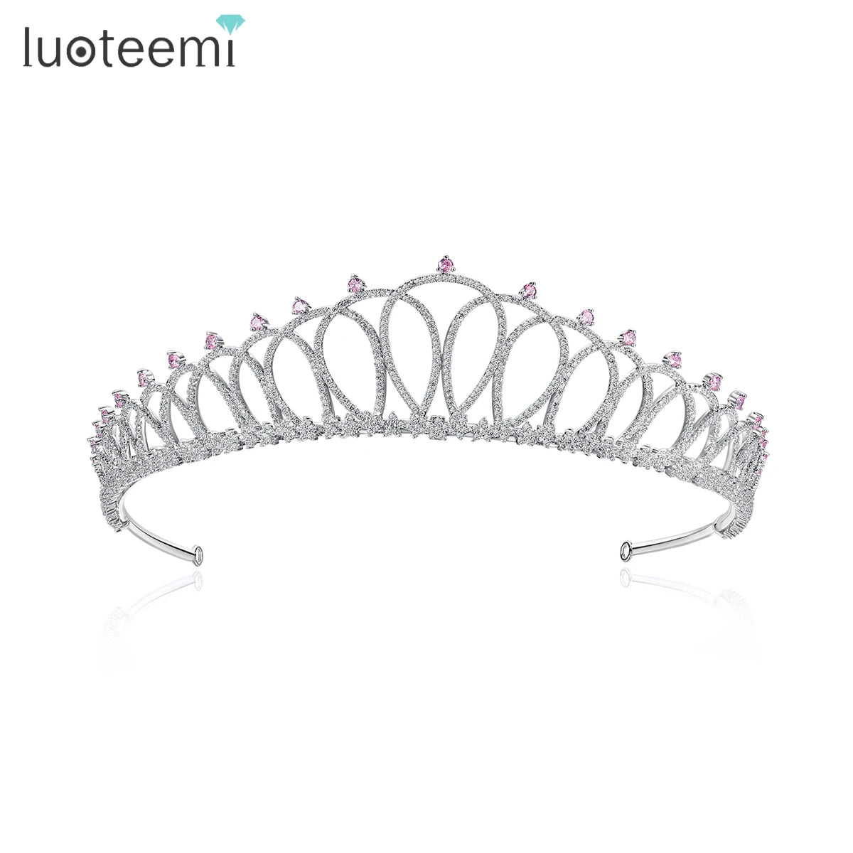 LUOTEEMI Pink Crystal Hair Accessory Crown and Vintage Wholesale Silver Set for Bride Wedding Tiara Bridal