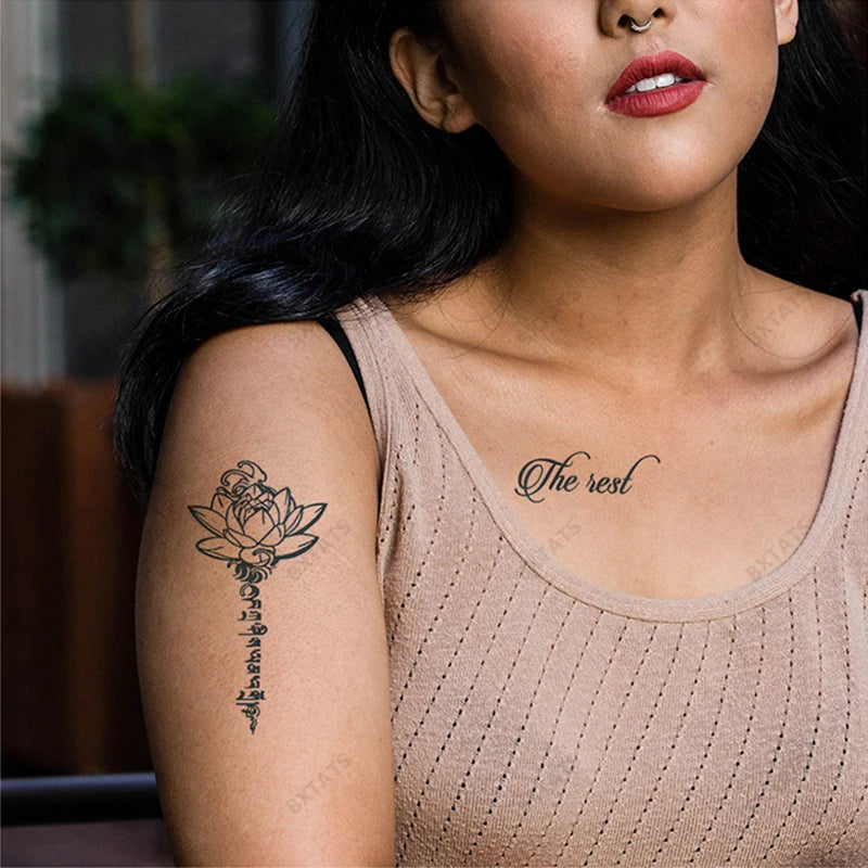 Bxtats 15-Day Lasting Semi-Permanent Waterproof Finger Tattoo Heart-Shaped English Quotes Lotus Flower White Temporary Body