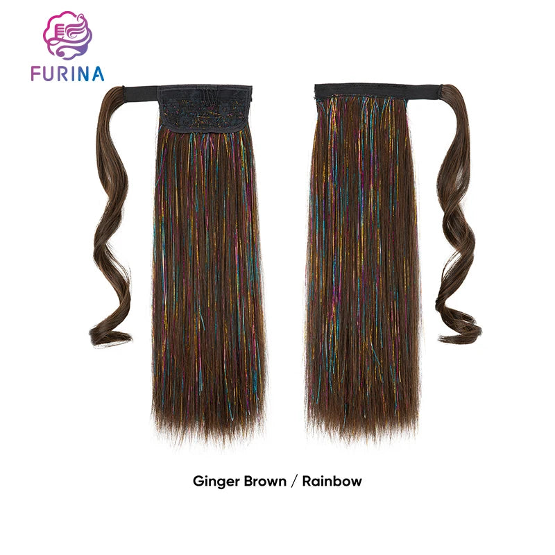 Non Shedding White Women Fashion Synthetic Hair fairy Hair Wrap Around Ponytail Extensions with Shiny Tinsel Hair for Women