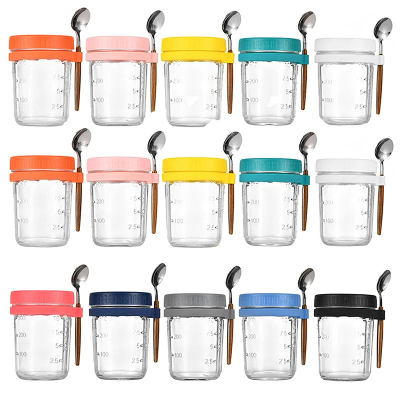 400ML Overnight Oats Container with Lid and Spoon Oats Jars Vegetable and Fruit Salad Storage Container with Measurement Marks