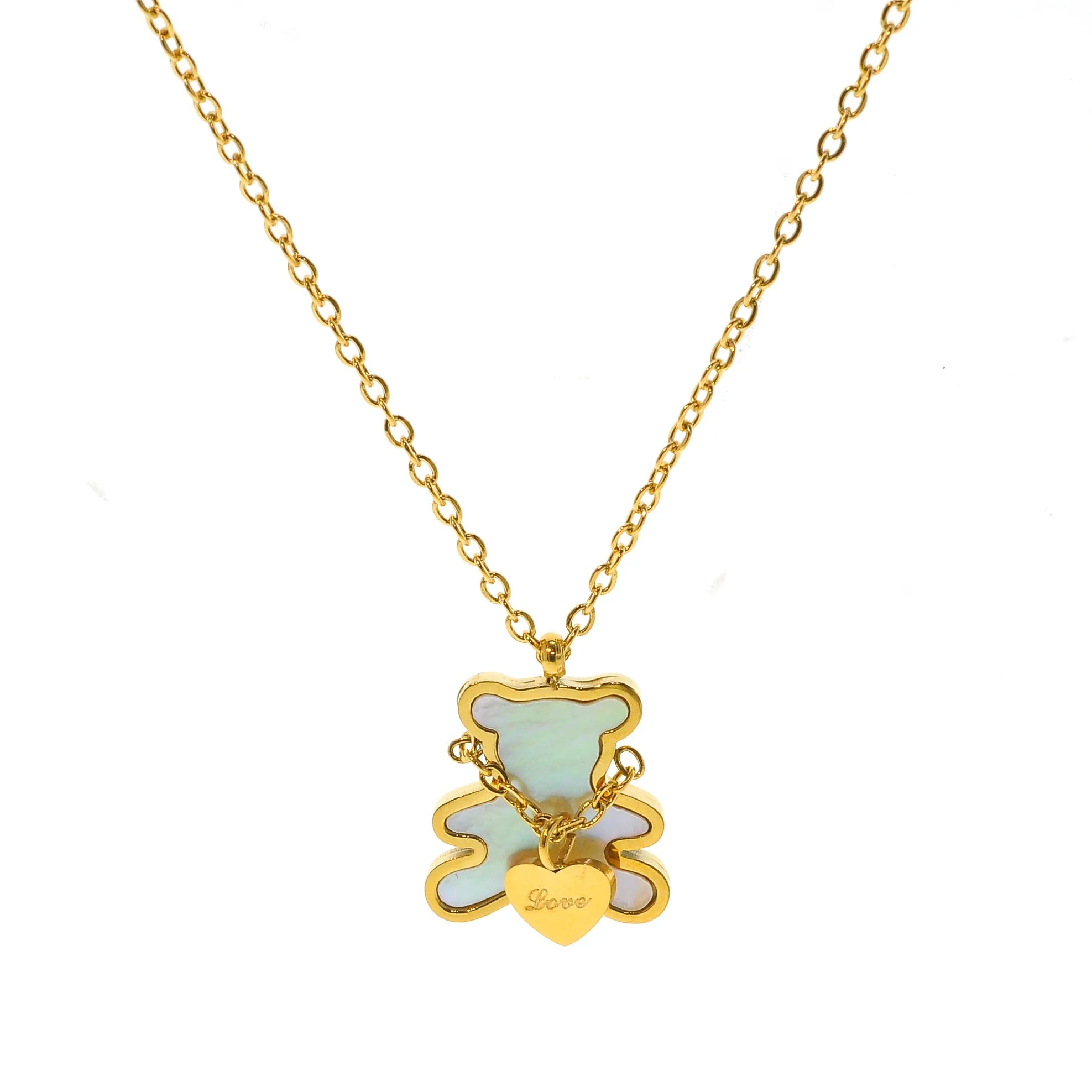 Lovely Stainless Steel Link Chain Cute Bear Charm Heart-shaped Gold Plated Shell Teddy Bear Anniversary Necklace