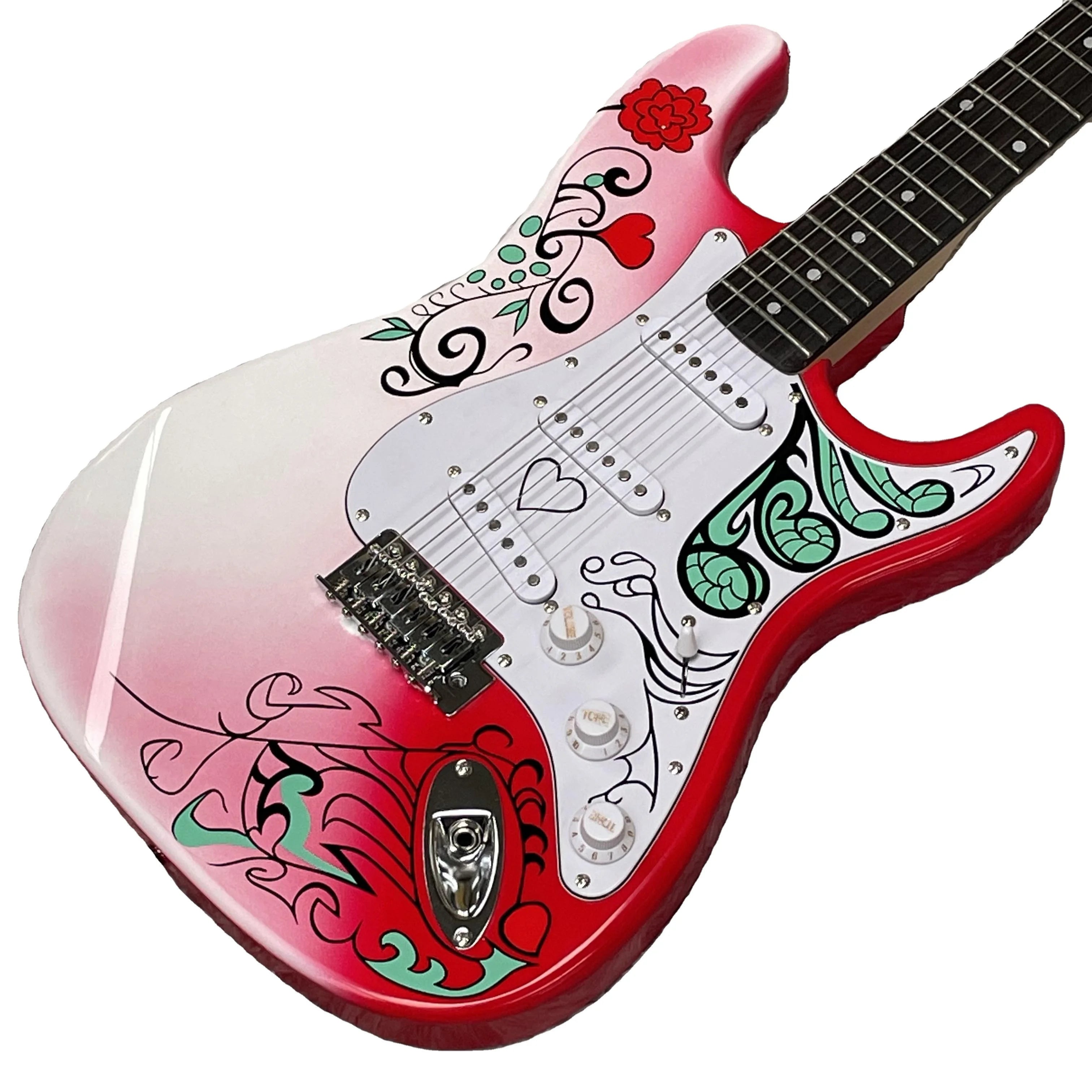 ST Kind White Body Electric Guitar with SSS Pickups & Tremolo Fast Shipping Features Rosewood Back/Side & Flower Pickguard