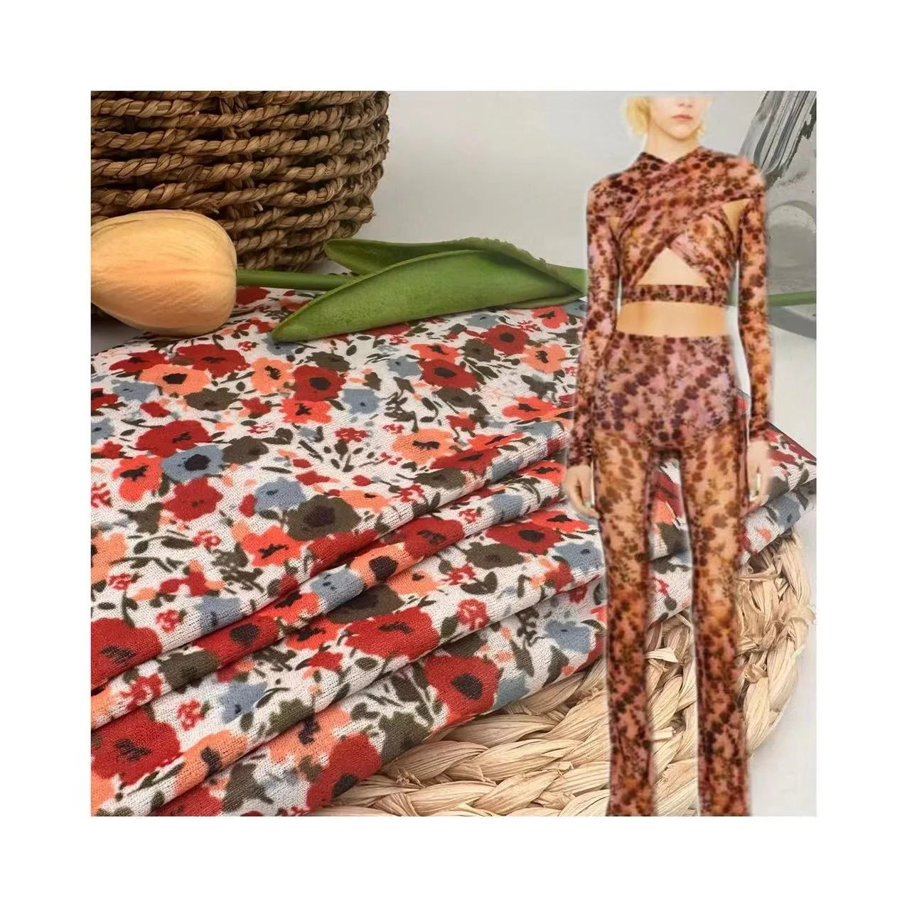 Eco-friendly Manufacture Floral Knitted Chiffon Digital Print 100% Polyester Printed Fabric Custom Mesh Fabric Print Women's Top