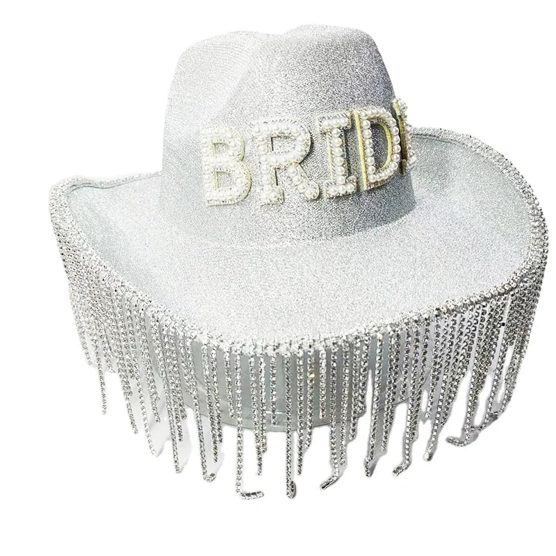 Cowgirl Hat with Rhinestone Diamond Glitter and Fringe for Bridal Bachelorette Engagement Parties-for Outdoor Casual Scenes