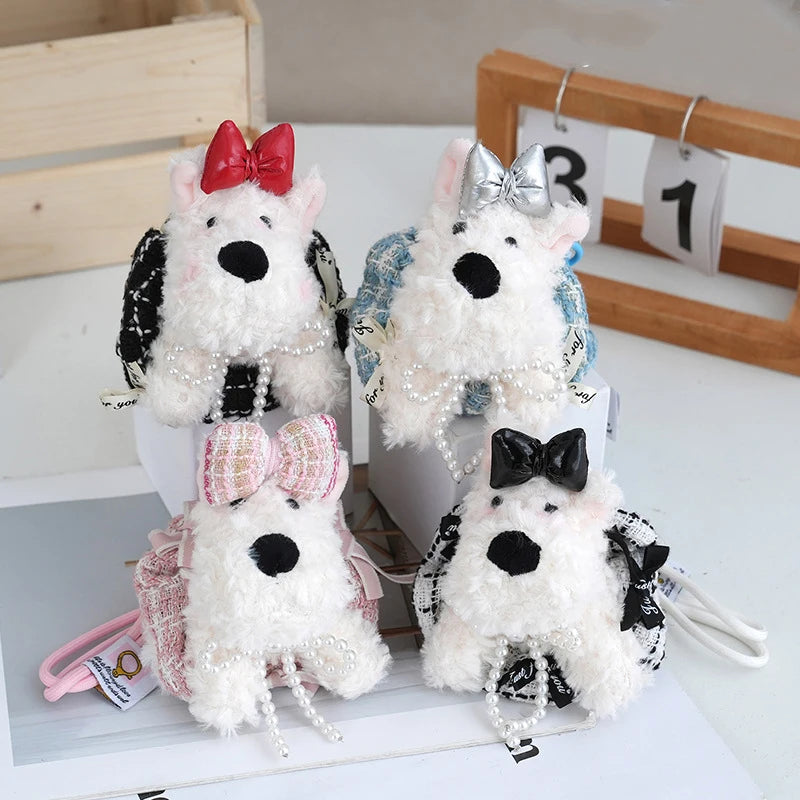 Cute Pearl Bow Stuffed West Highland Dog Bag Pendant Cartoon Animal Plush Puppy Doll Keychain Hanging Soft Toy Charm Accessories