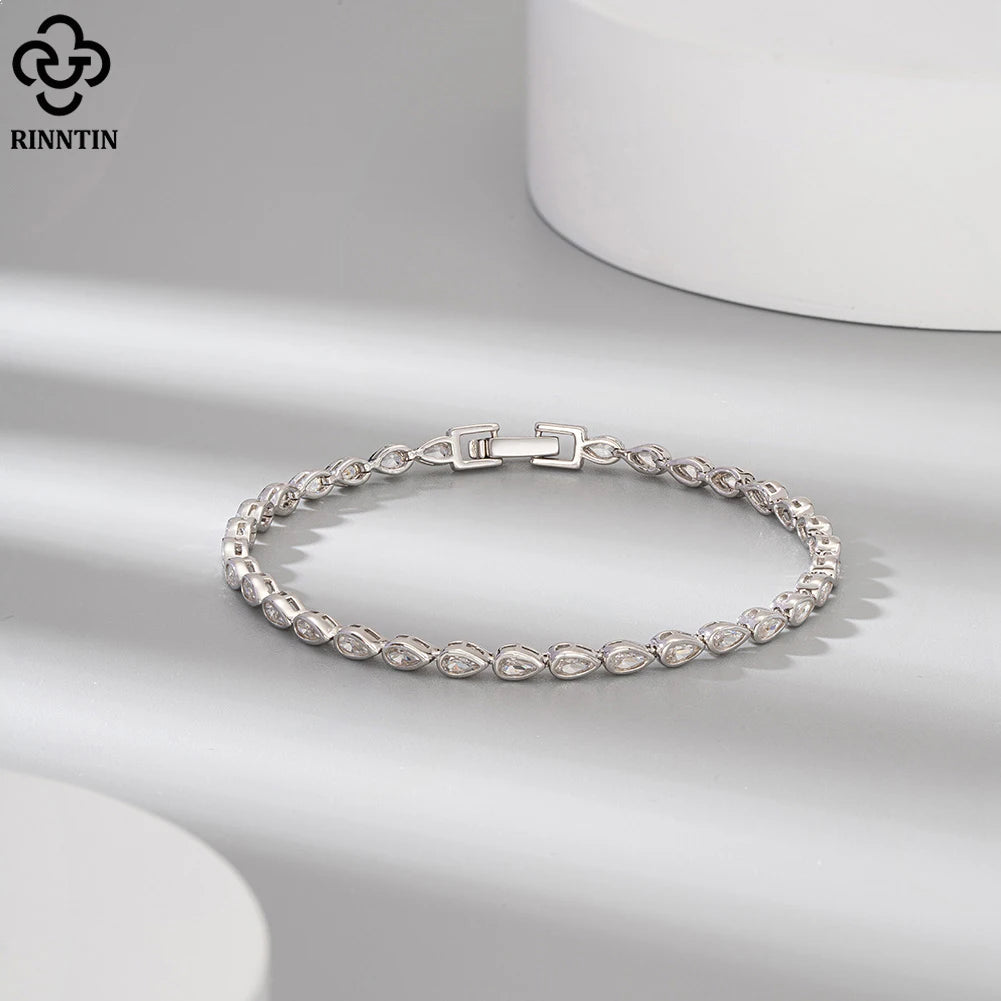 RINNTIN SB154 Handmade 14K Gold Plated Pear Cut CZ Setting Tennis Bracelet Chain for Men Women Solid 925 Jewelry