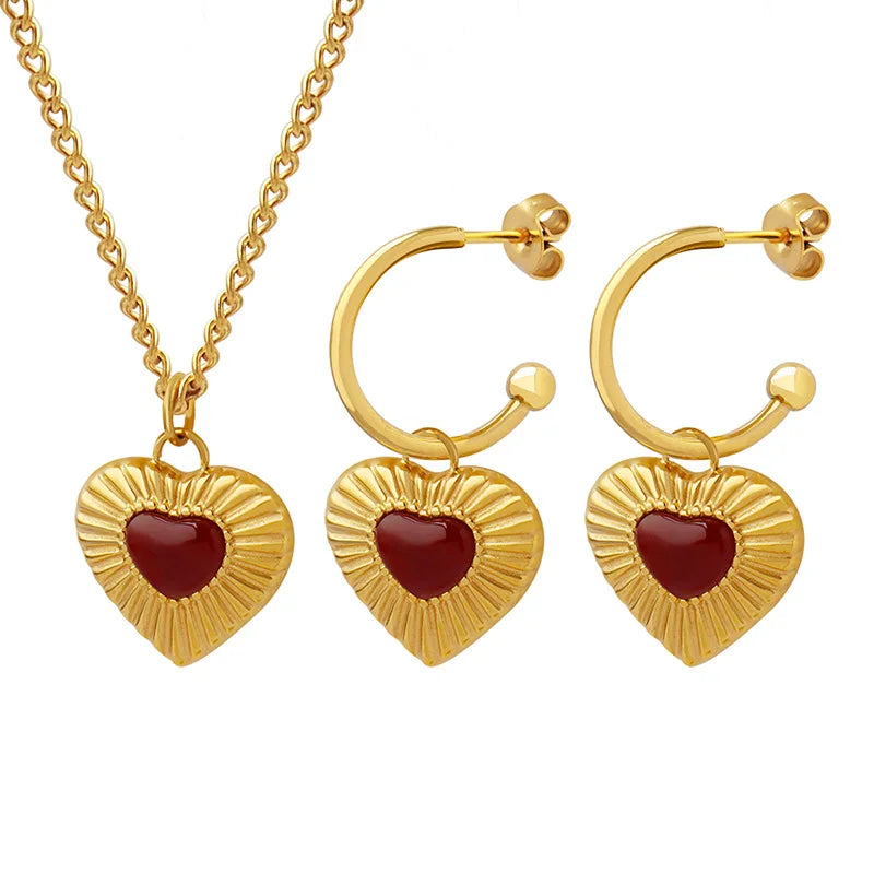2023 New Spring Style Red Stone Heart Necklace 18k Plated Jewelry Stainless Steel Stone Necklace Hypoallergenic Heart Earrings