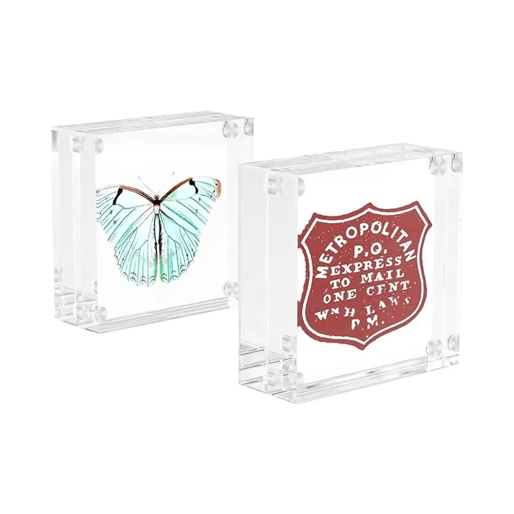 2 Pack Mini 2x2 Inch Clear Magnetic Acrylic Photo Frame Double Sided Desktop Display Block for Home Office Wedding Small Frame