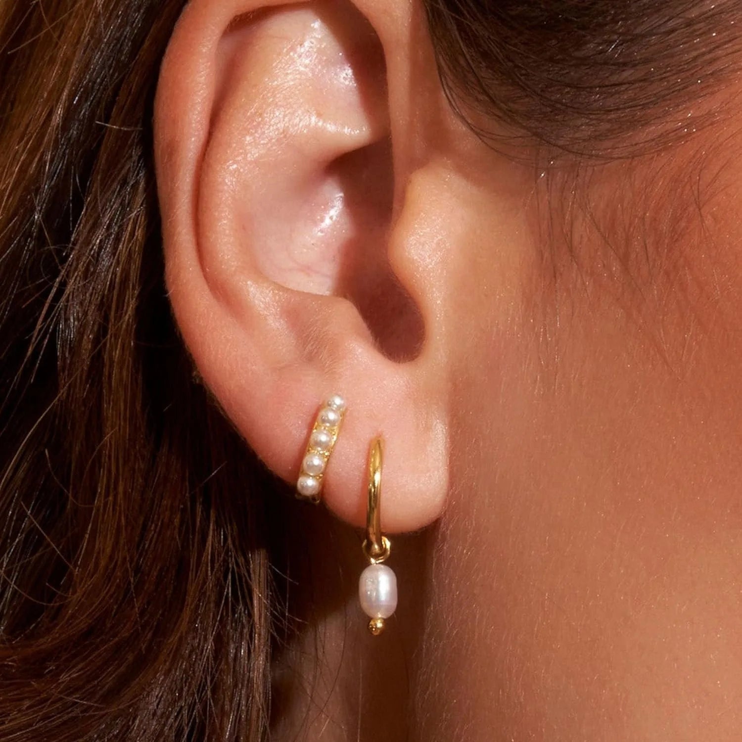 Huggies 18K Gold Plated Stainless Steel Geometric Earring Set Natural Pearl Drop Dangle Trendy Women's for Parties