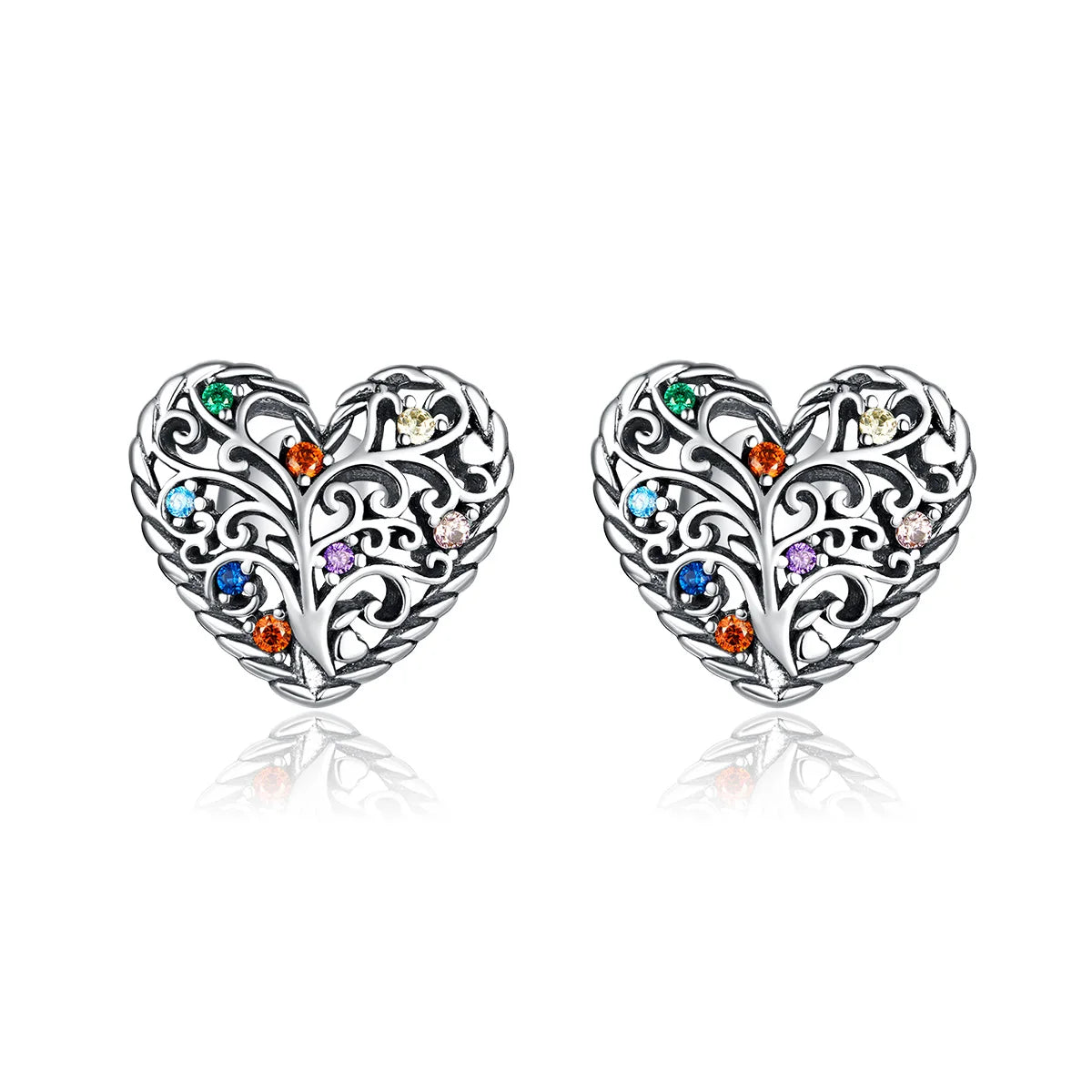 Tree of Life Earrings 925 Sterling Silver Colorful Zircon Heart Stud Earrings for Women Birthday Best Gift Jewelry SCE933