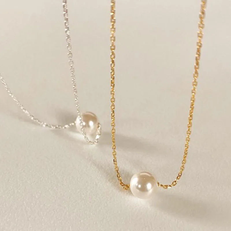 Classic Gold Plated White Pearl Pendant Necklace 925 Sterling Silver Round Pearl Necklace