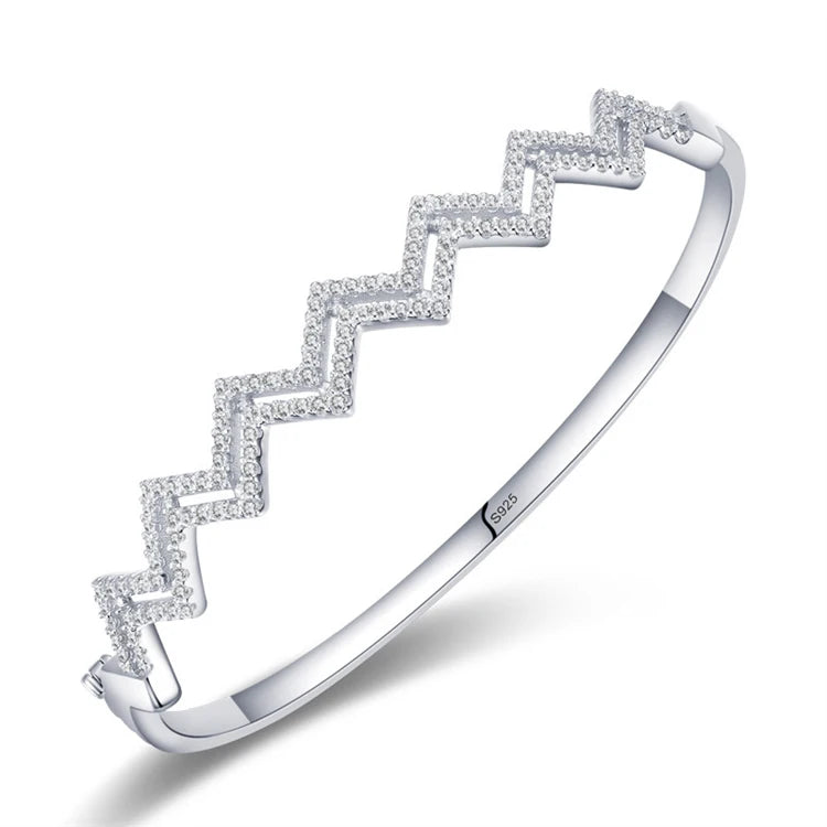 Fashion Trend 925 Sterling Silver Pave CZ Diamond Wave Shape Cuff Bangles For Women