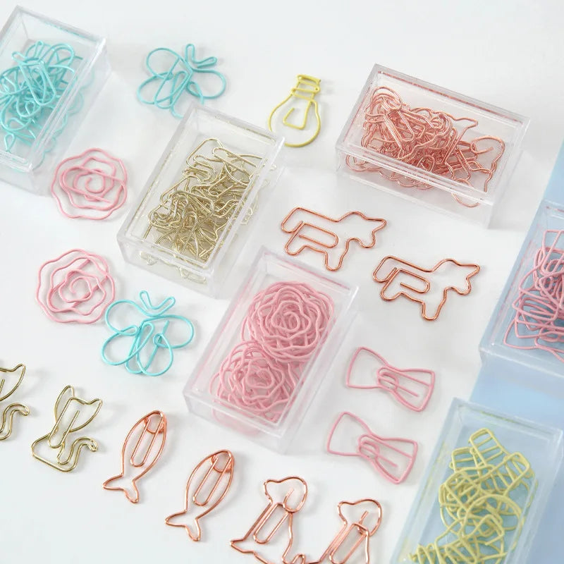 Cartoon Animal Cute Rose Flower Bow Bulb Fish Unicorn Dog Cat Butterfly Shaped Paperclip Metal Paper Clips Stationery With Box