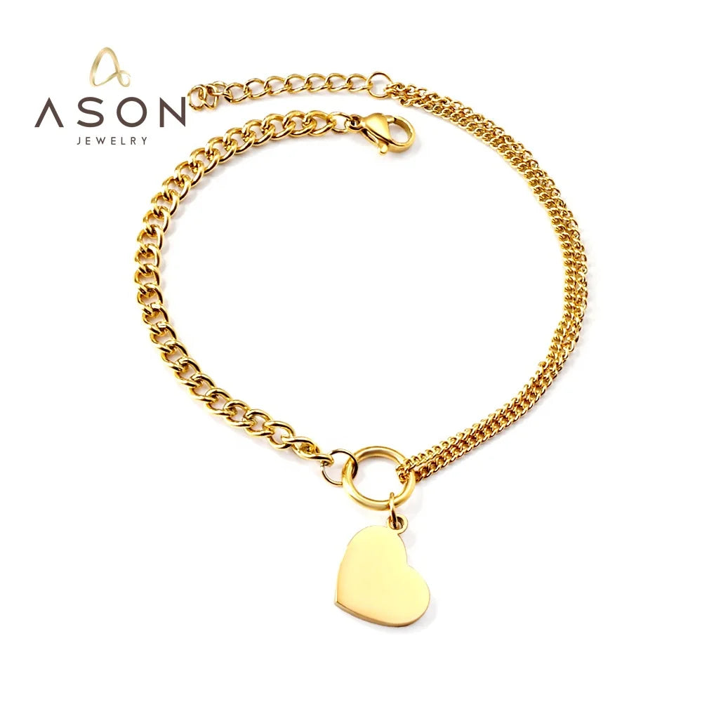 Ason Jewelry Wholesale Fashion Stainless Steel Double Cuban Chain Bracelet 18K Gold Plated Heart Pendant Bracelet for Women