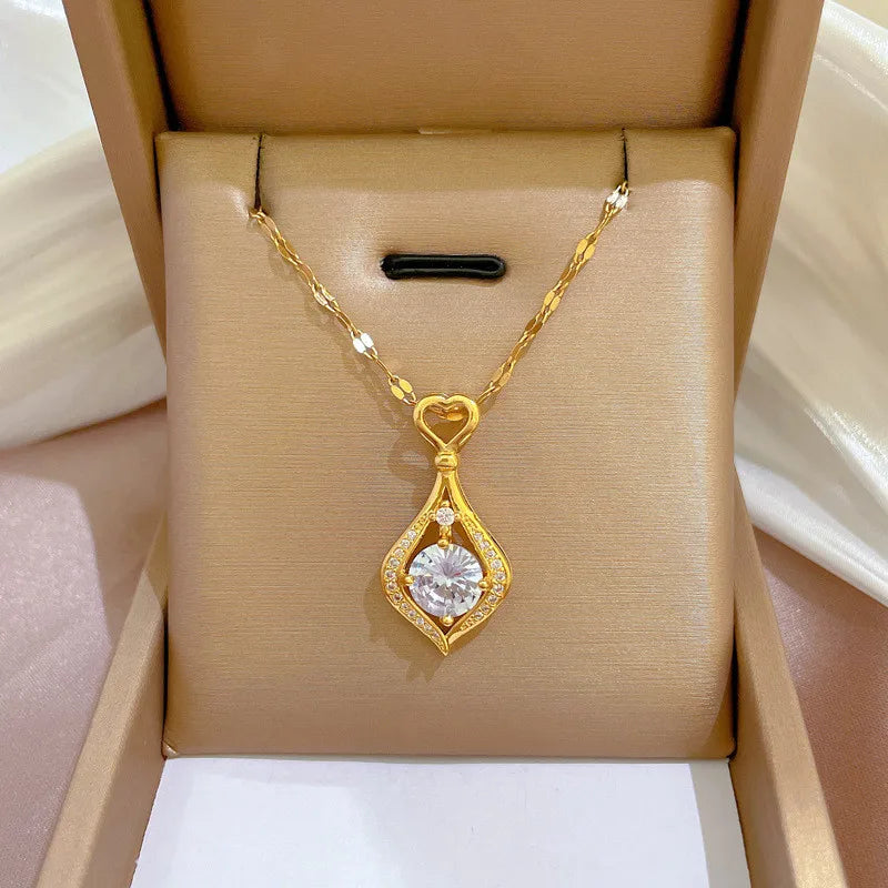 New Gold Plated Stainless Steel Link Chain Pendant Necklace with Claw Setting Wedding Gift Water Drop Charm