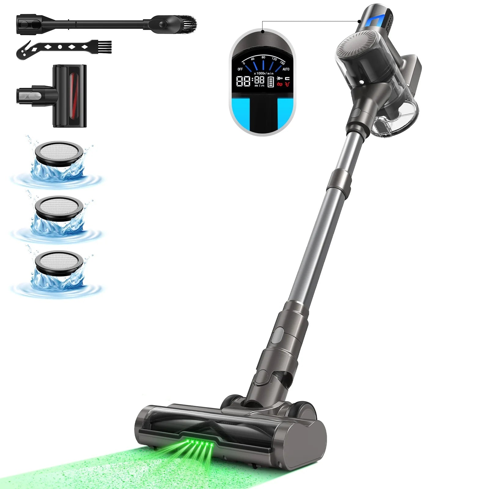 Cordless Stick Vacuum Cleaner with LED Display and Motorized Floor Brush for Hardwood Floor Carpet Pet Hair