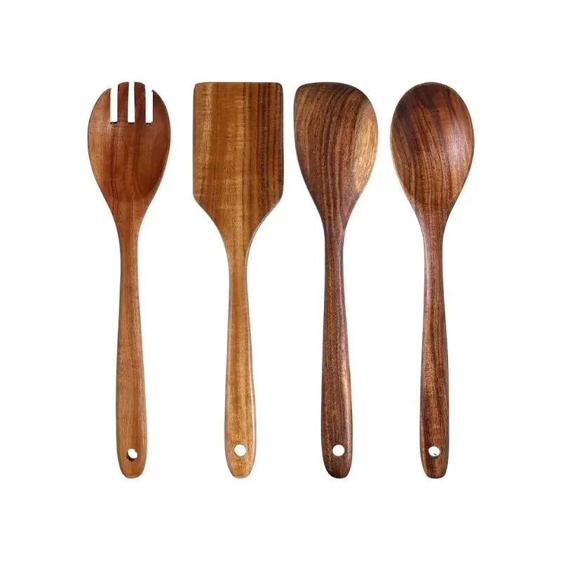 4-Piece Natural Teak Non-Stick Wooden Eco-Friendly Anti-Slip Kitchen Utensil Set Dishwasher Safe Including Spoons and Scraper