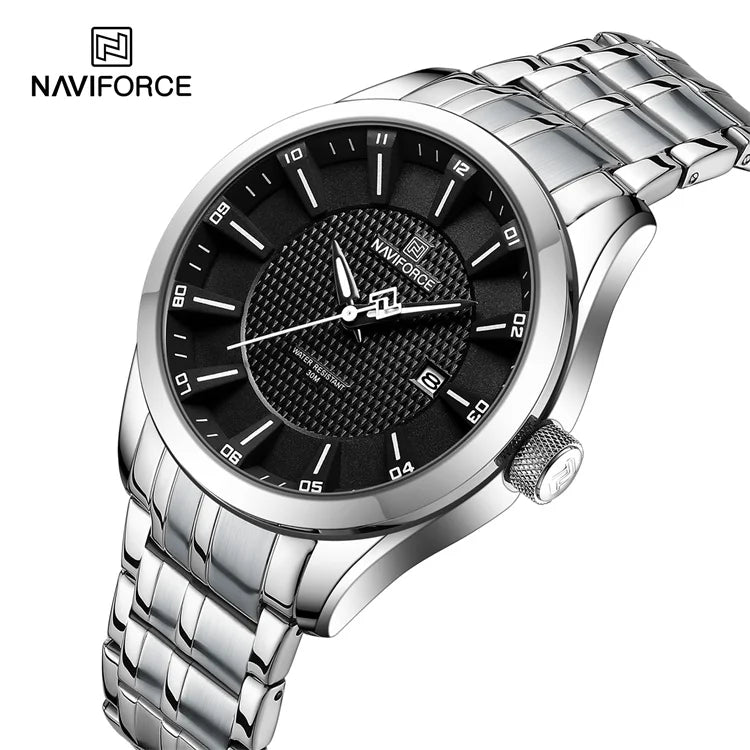 NAVIFORCE 8032 Silver Watch Men Big Dial Wristwatch Quartz Waterproof Casual Brand Stainless Steel Watches with Date Display